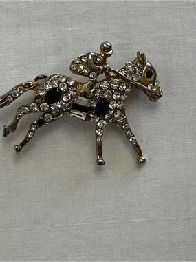 Vintage Rhinestone Horse Rider Brooch Gold Tone Equestrian Statement Pin AS IS